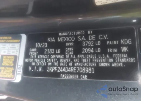 2024 Kia Forte Lxs z USA, uszkodzony, nr VIN 3KPF24AD4RE708981